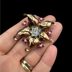 Vintage 1940s Pennino Bros Sterling Gold Vermeil Flower Brooch Pin Ruby Red
